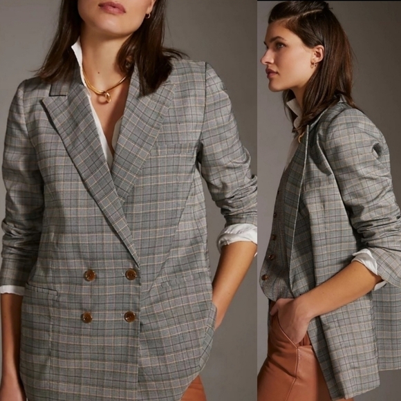 New Anthropologie Hutch Classic Longline Double Breasted Plaid Maize Blazer Sz M - Picture 1 of 17